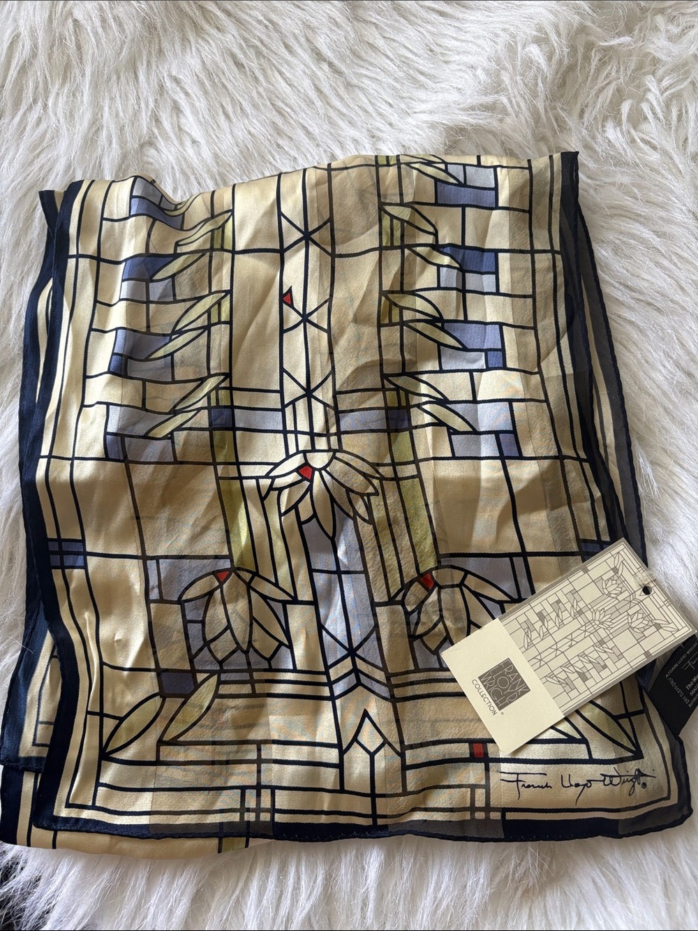 Frank Lloyd Wright Gold and Navy Decorative Silk Scarf